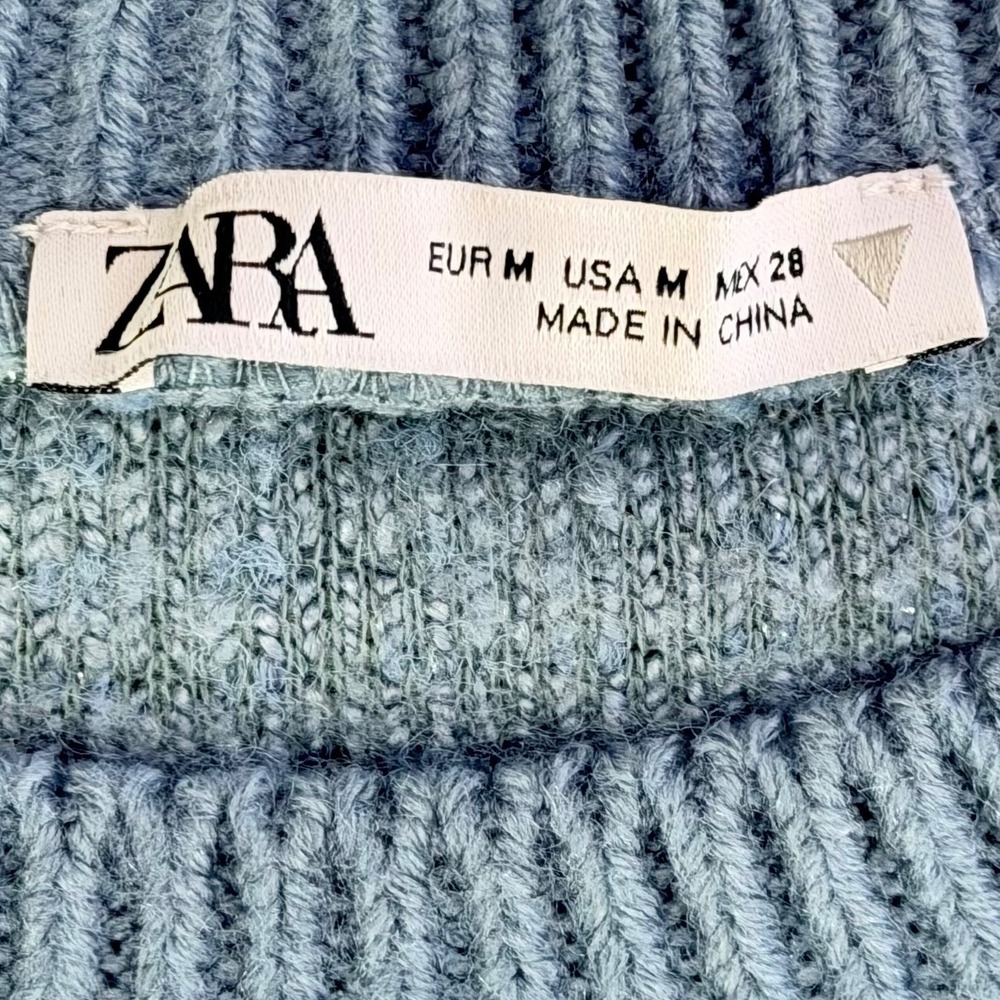 Zara Blue Fuzzy Knit Cropped Sweater Metallic Shimmer Wide Sleeve Pullover M - Picture 5 of 7